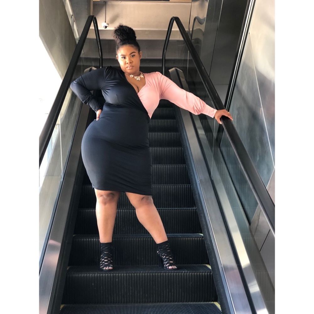 Plus Sized Black And Mauve Wrap Illusion Dress